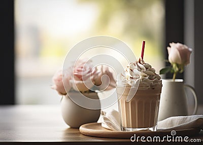 Fresh Frappuccino with cream served on the wooden table at cafe Stock Photo